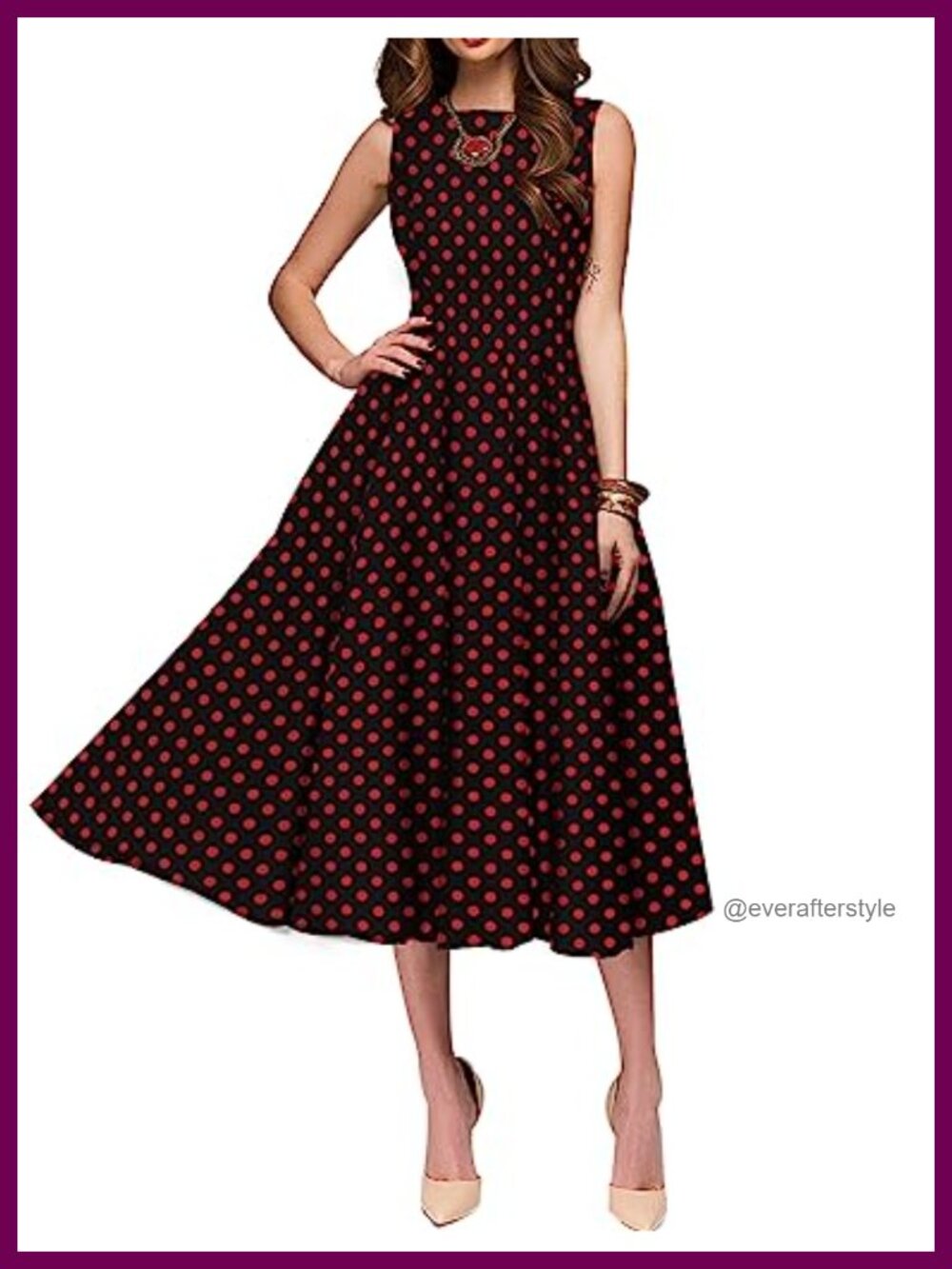 Vintage 1950s Cocktail Midi Dress Sleeveless Boatneck A-Line Polka Dot